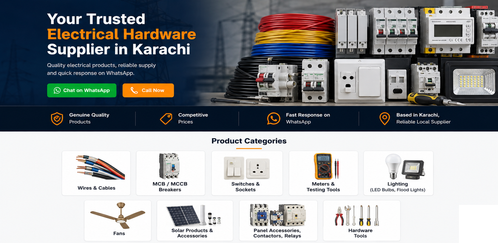 Sash Traders electrical hardware supplier banner showing wires, breakers, switches, lighting and tools